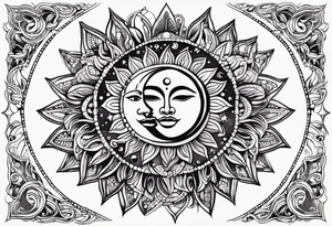 Mexican feminine alien Sun and moon. Freeform rectangular sternum swirls with dots and stars tattoo idea