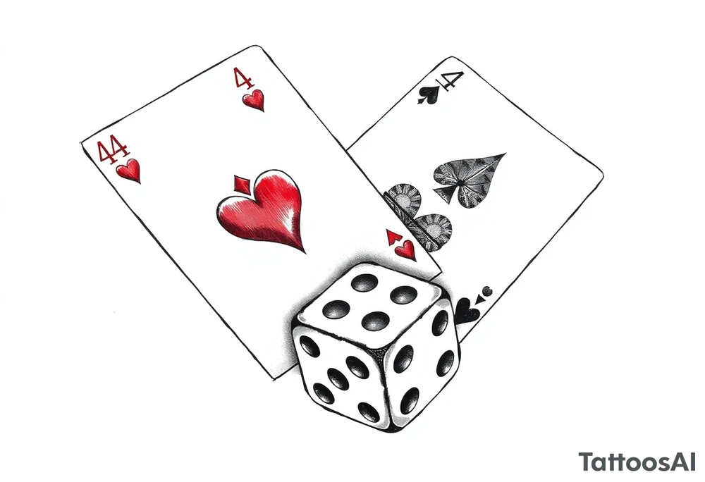 2 of hearts and 4 of hearts playing cards on top of two dices tattoo idea
