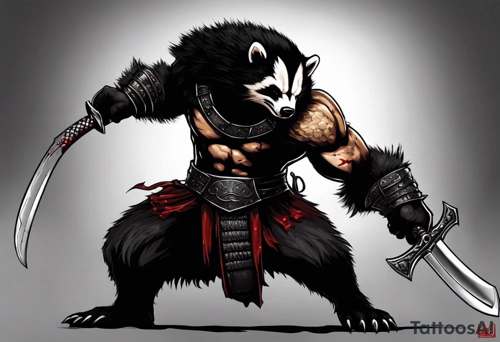Draw me psychopath Honey Badger/Berserker/Assassin with aggressive full body, killer face with a scary smile, very long nails and he attacks like a Bloody Assassin/Warrior/Gladiator to us and also, he has very deadly looking. He fights with his nails only. Everybody scares after their first sight. Give me horror type Badger Tattoo. I want to see his Realistic full body with no weapons. You can show destruction at the back. tattoo idea
