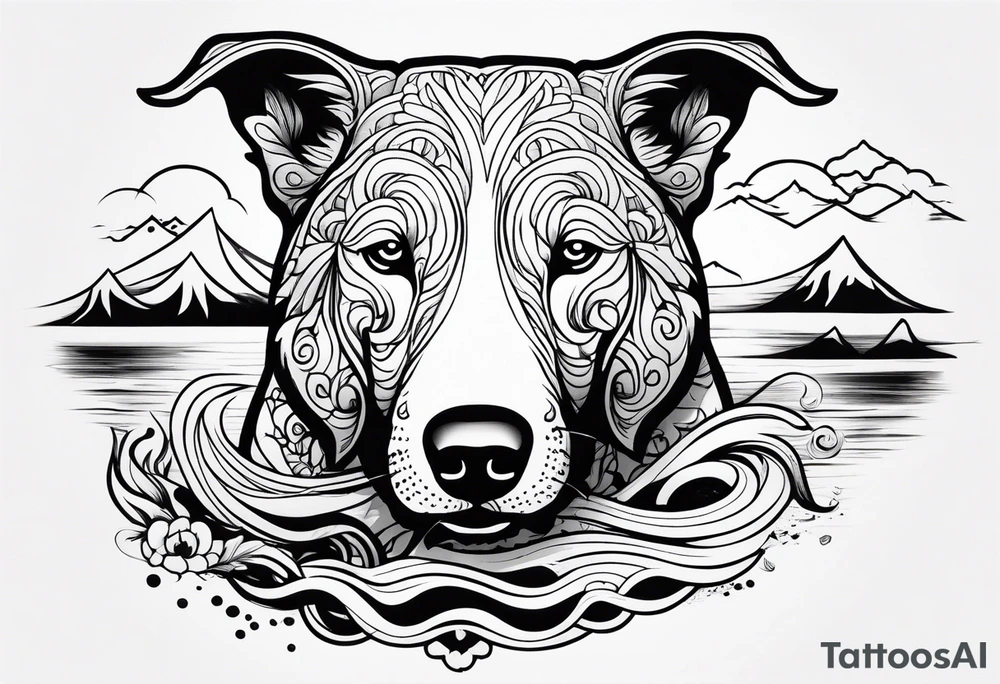 Dog head shape outline with scenic river flowing tattoo idea