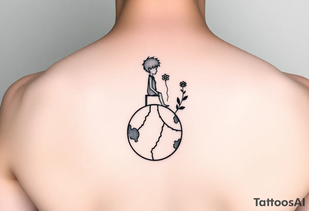 A minimalist, masculine silhouette of The Little Prince sitting calmly on a small cracked planet. The broken clock is represented by a simple partial clock face floating behind him. A single stylized flower grows from the planet’s surface. A small, simple star glows softly on his chest. The overall design uses clean, fine lines with minimal shading, focusing on simplicity and subtle symbolism. tattoo idea