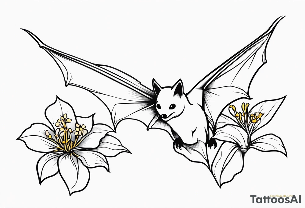 Shoulder and collarbone tattoo of a vibe of night-blooming Jasmine with a bat hanging from one of the stems. Make the bat spooky tattoo idea