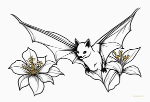 Shoulder and collarbone tattoo of a vibe of night-blooming Jasmine with a bat hanging from one of the stems. Make the bat spooky tattoo idea