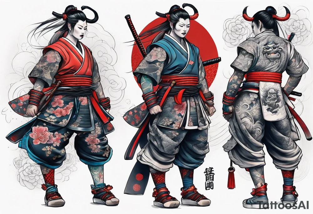 leg tattoo, full leg, oni, girl, oni girl, samurai, japanise style tattoo idea