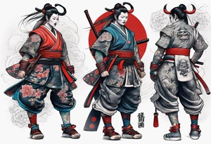 leg tattoo, full leg, oni, girl, oni girl, samurai, japanise style tattoo idea
