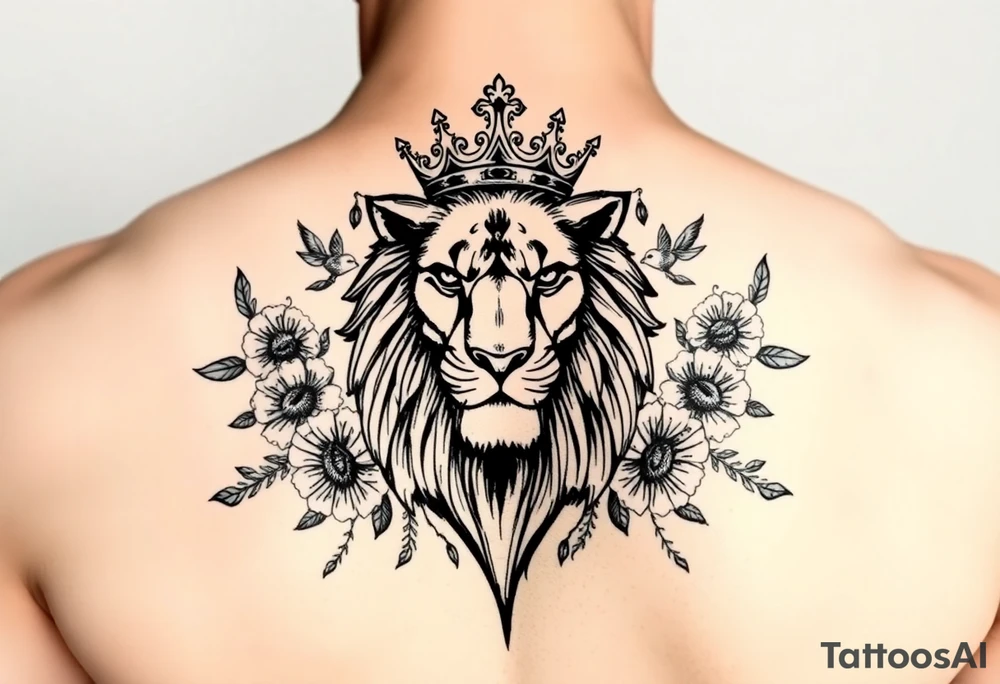 powerful majestic lion with a crown, surrounded by floral ornaments and birds tattoo idea