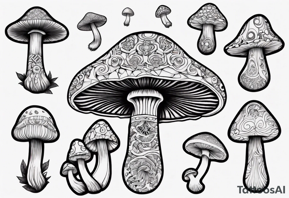 mushrooms, psychedelic, book, mandala tattoo idea