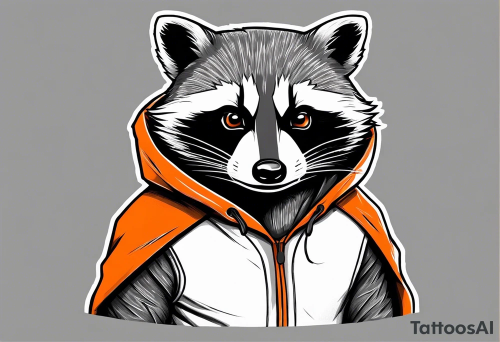 Raccoon wearing an orange Superman hoodie tattoo idea