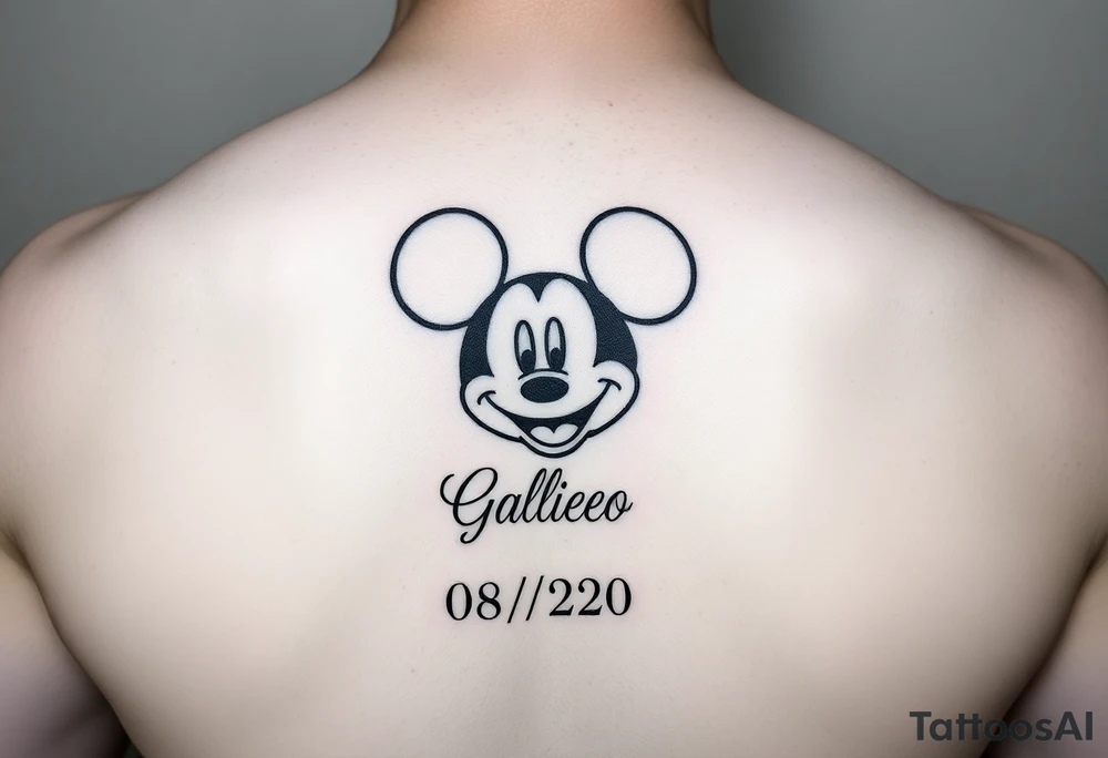 mickey mouse symbol with the name Galileo and the date 08/14/20 incorporated tattoo idea