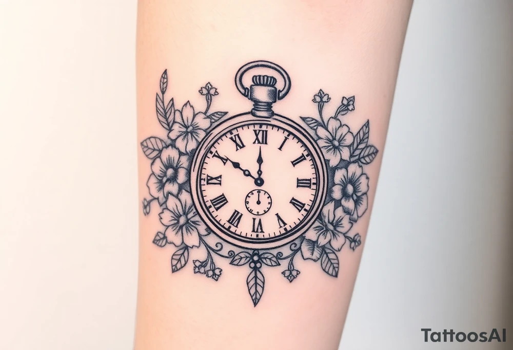 Pocket watch , surrounded by floral ornaments and birds tattoo idea