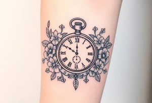 Pocket watch , surrounded by floral ornaments and birds tattoo idea