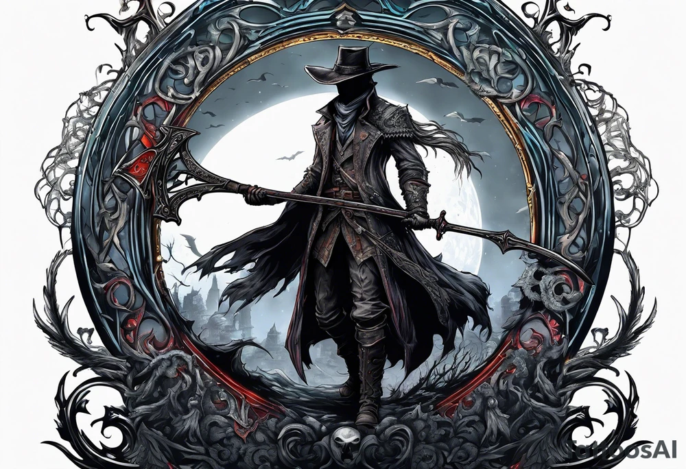 Bloodborne hunter, holding  scythe, howling, Dual wielding tattoo idea