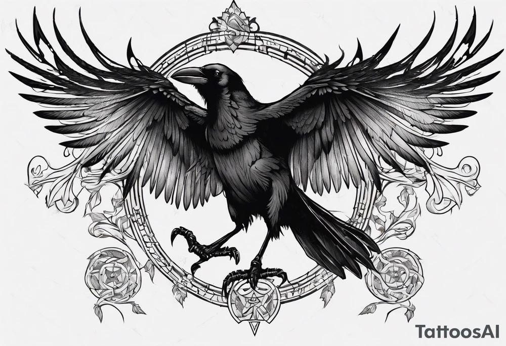 medieval black raven with wings spread tattoo idea