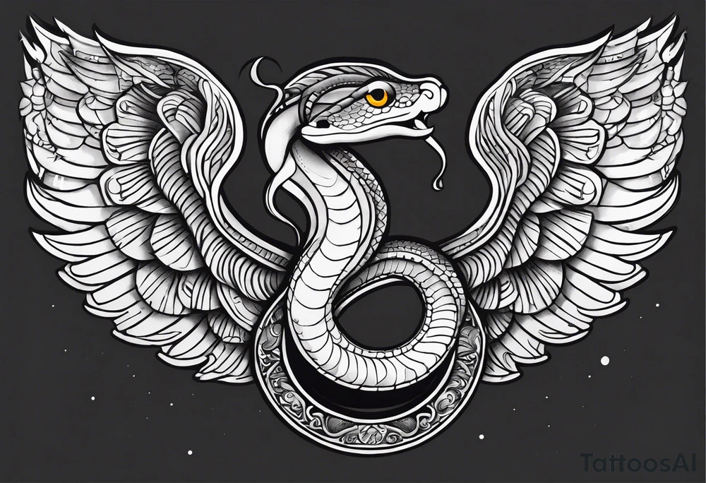 A detailed depiction of a snake with a radiant halo above its head and elegant wings extending from its sides. tattoo idea