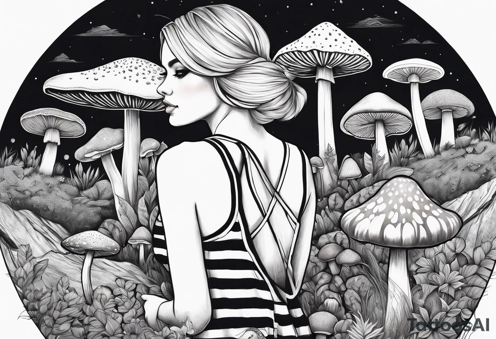 Straight blonde hair girl holding mushrooms in hand facing away toward mountains surrounded by mushrooms circular design black and white striped dress tattoo idea
