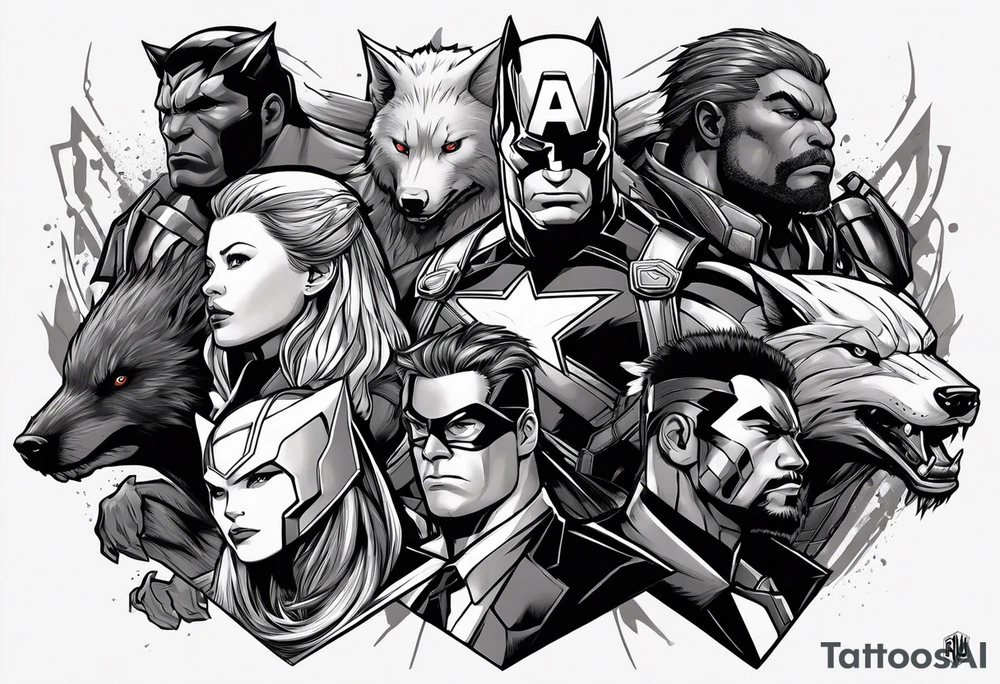 I want to change Avengers Team characters with animals. Hulk will be Badger, Thor will be Alpha Grey Wolf, Captain America will be Bull, Iron Man will be Canary, Black Widow will be Axolotl, Hawk Eye will be Sudan Plated Lizard and Nick Fury will be Cat. tattoo idea