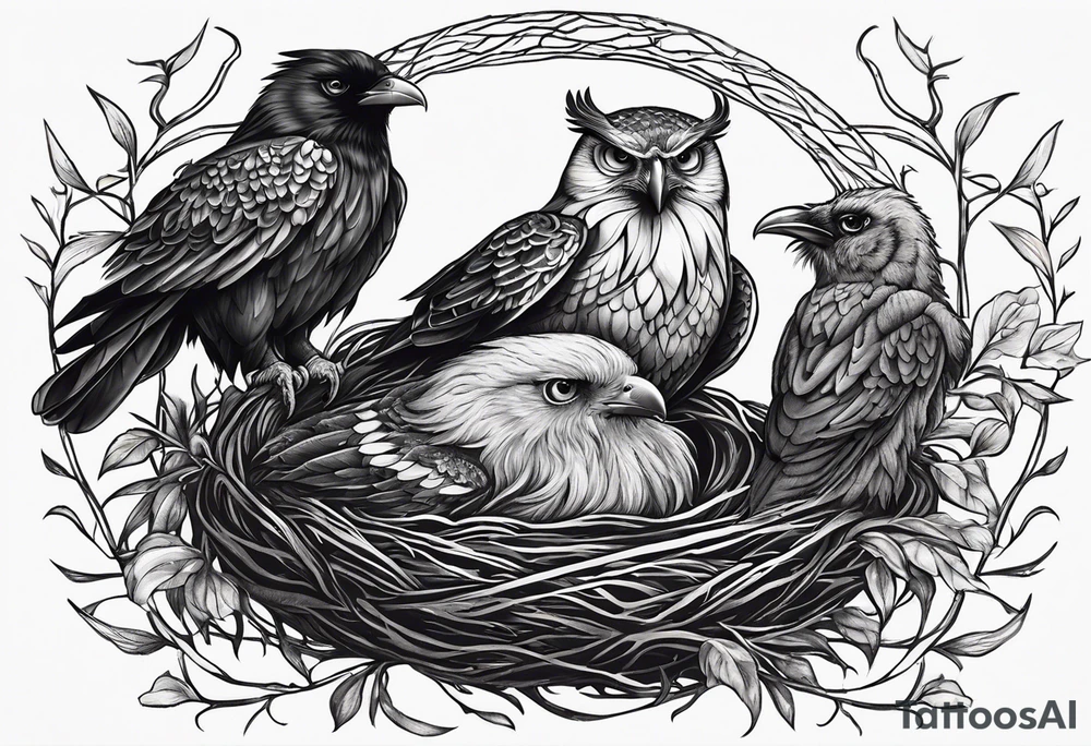 Pheonix, owl and raven cuddled in a nest tattoo idea