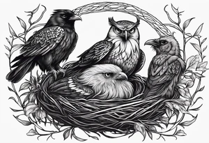 Pheonix, owl and raven cuddled in a nest tattoo idea