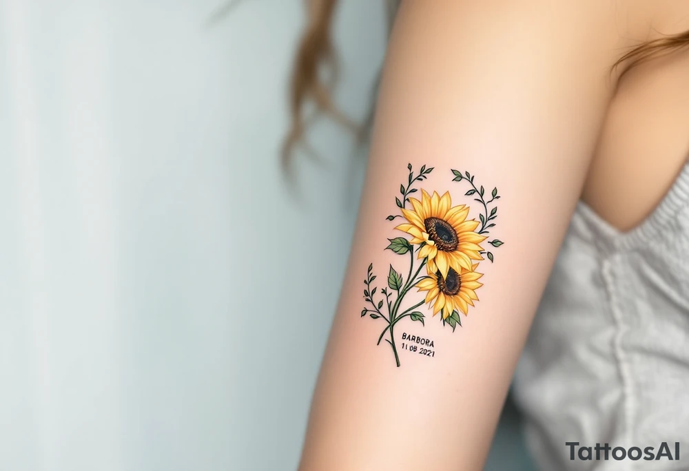 Barbora 11. 08. 2021) – Soft yellow sunflowers blooming around Barbora’s birthdate, with green vines and a light blue sky background. tattoo idea