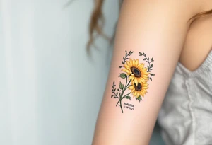 Barbora 11. 08. 2021) – Soft yellow sunflowers blooming around Barbora’s birthdate, with green vines and a light blue sky background. tattoo idea