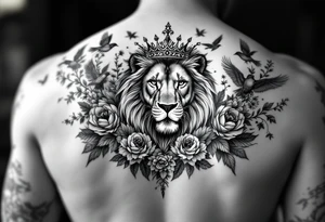 powerful majestic lion with a crown, surrounded by floral ornaments and birds tattoo idea