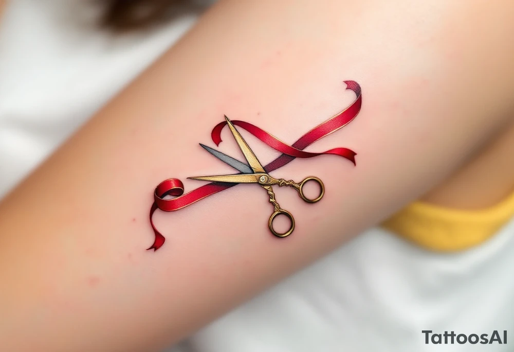 Scissors and Ribbon Tattoo – A pair of delicate golden scissors cutting through a curling red ribbon, with intricate details in red and gold, representing celebration, new beginnings, or achievements. tattoo idea