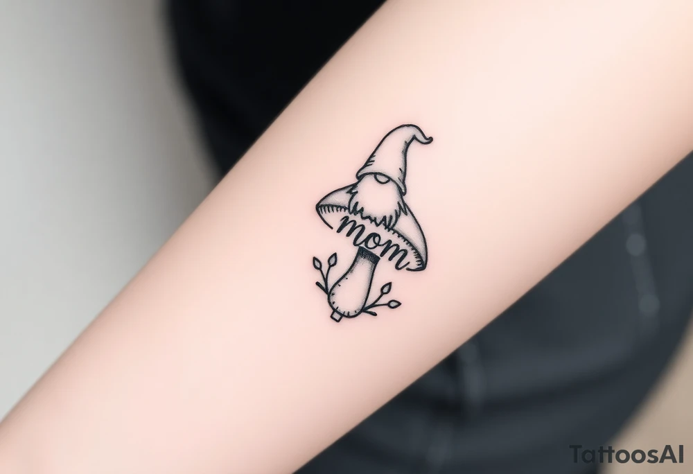 Mushroom with word mom on it with gnome on top tattoo idea