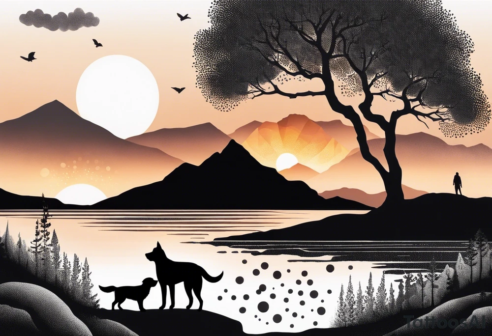 nature, sunset, mountains, a father and son hiking with their dog and cat 
by the water tattoo idea