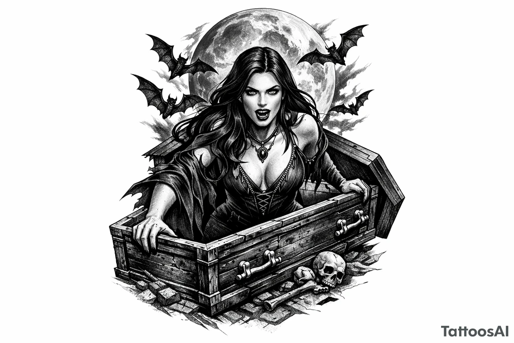 female vampire,bats,full moon,a coffin. tattoo idea