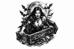 female vampire,bats,full moon,a coffin. tattoo idea