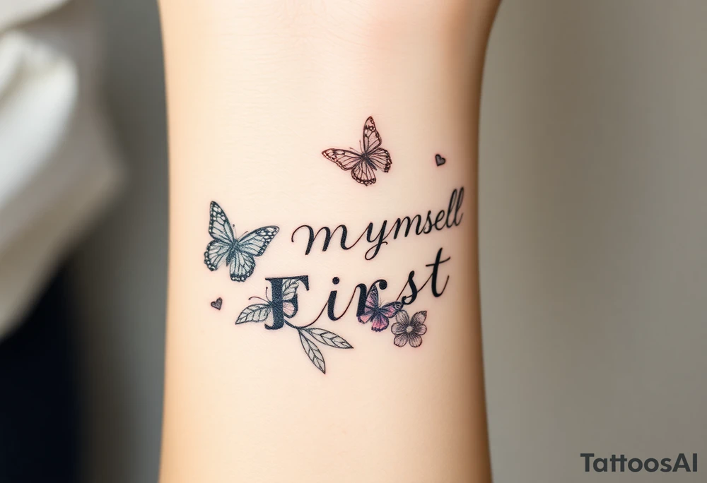 Love myself First with butterflies and flowers 
Letters L,M,N,O,P discreetly hidden among the foliage tattoo idea
