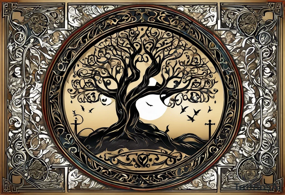 The tattoo should have a family tree where the date of birth of my children can be seen. There are supposed to be several swords over this family tree like the Damaglos, which is supposed to show attacks on my family. A symbol that shows the protection and strength of us would also be good. The death of my mother in 2018 should also be found tattoo idea