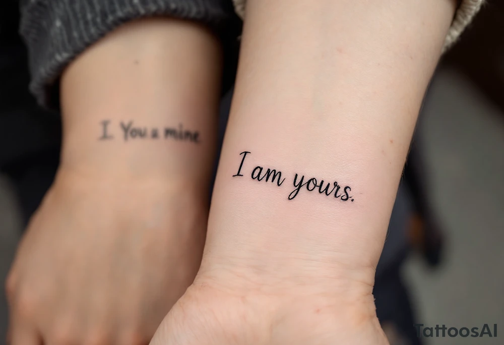“I am yours” in soft gray on her wrist and “You are mine” in black on his neck symbolize mutual belonging. tattoo idea