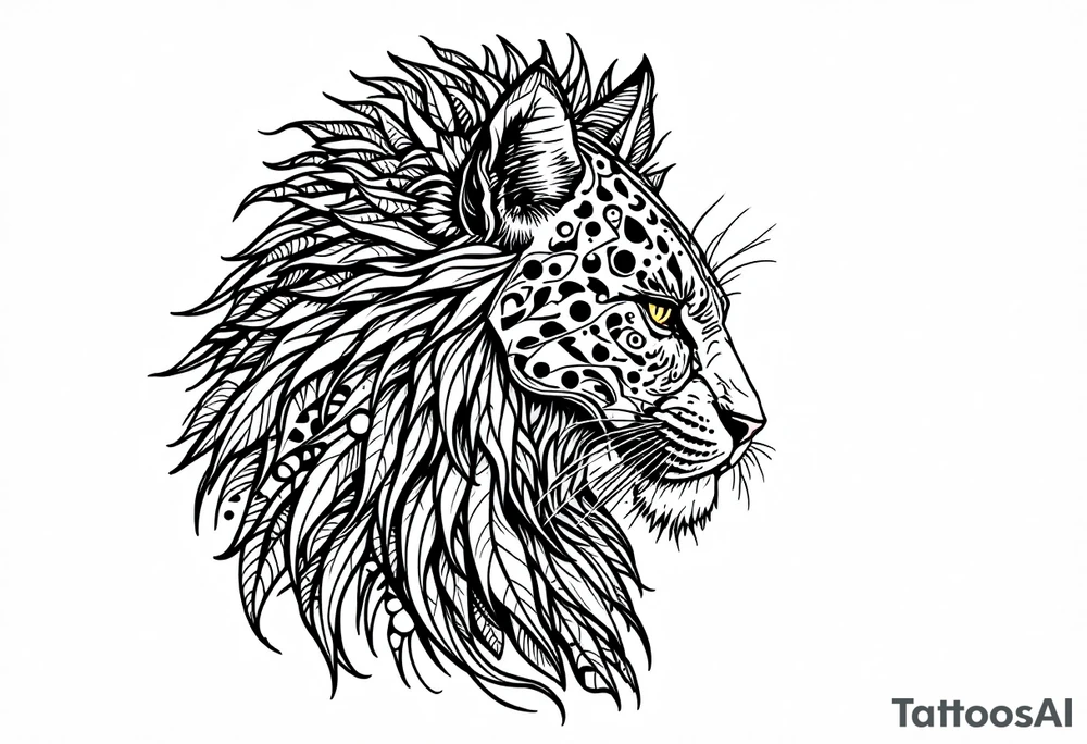 a mix the nemean lion, a warrior of the goddess Bastet, and a leopard, combined with the sun and French pattern, facing left in profile tattoo idea