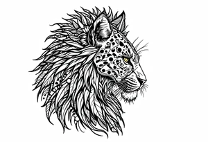 a mix the nemean lion, a warrior of the goddess Bastet, and a leopard, combined with the sun and French pattern, facing left in profile tattoo idea