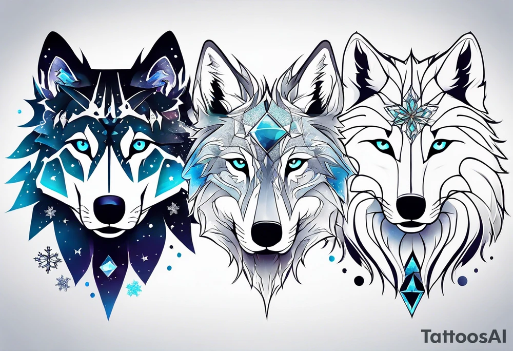 Constellation, two animal wolf, snowflake tattoo idea