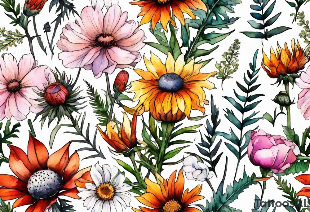 wildflowers with thistles, ferns, white flowers, pink flowers, burnt orange flowers, red flowers and yellow flowers all in watercolor tattoo idea