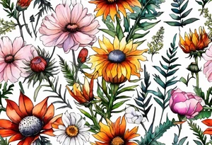 wildflowers with thistles, ferns, white flowers, pink flowers, burnt orange flowers, red flowers and yellow flowers all in watercolor tattoo idea