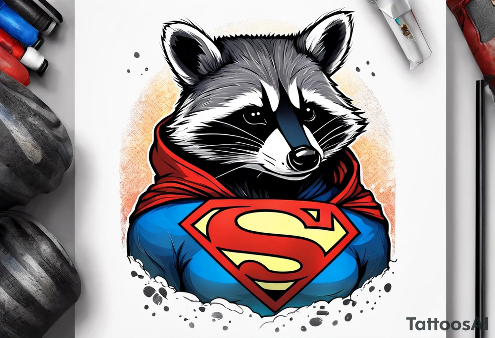 raccoon wearing a Superman hoodie tattoo idea