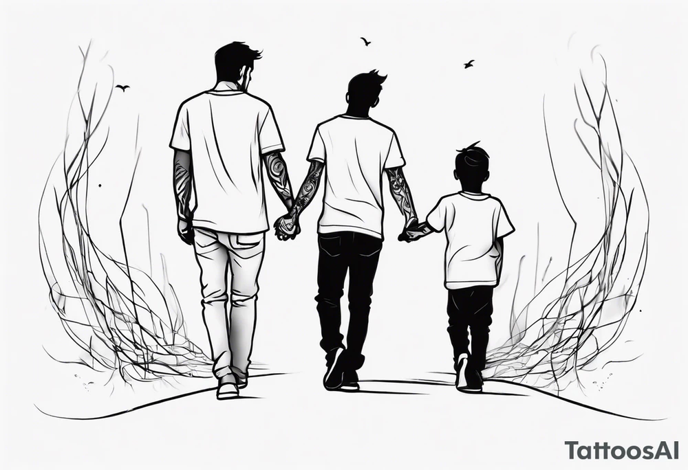 father and son walk away holding hands, one line tattoo idea