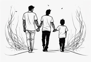 father and son walk away holding hands, one line tattoo idea