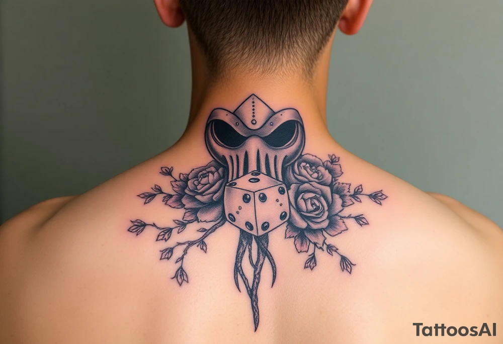 squid knight helmet combined with tree roots, cherry blossoms and roses rolling dice tattoo idea