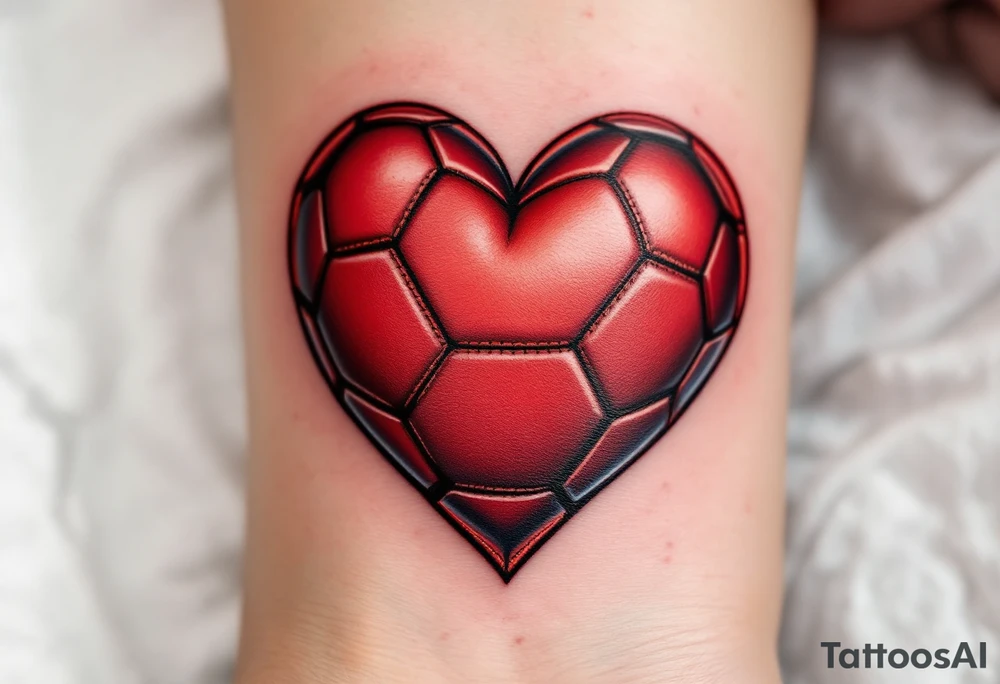 A heart-shaped red soccer ball stitched like leather, symbolizing love for the game. tattoo idea