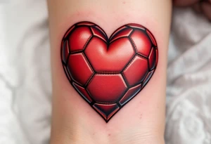 A heart-shaped red soccer ball stitched like leather, symbolizing love for the game. tattoo idea