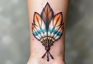 A tribal feather fan in brown, white, and turquoise, held together by leather bindings. tattoo idea