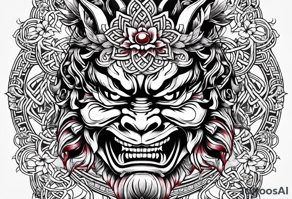 Oni mask with a cherry blossom background in a Celtic style tattoo idea
