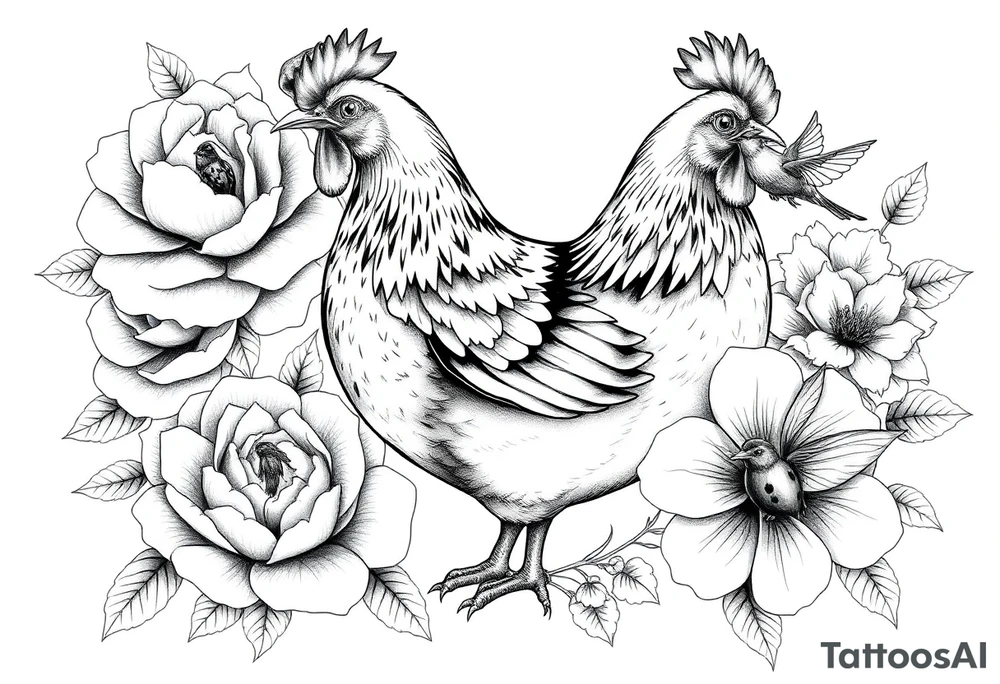 A chicken surrounded by peony , roses and hydrangeas with ladybug on flowers petal with hummingbird tattoo idea