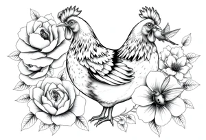 A chicken surrounded by peony , roses and hydrangeas with ladybug on flowers petal with hummingbird tattoo idea