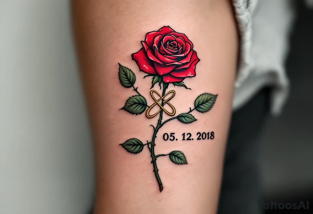 A detailed rose with its stem forming an infinity symbol, with the couple’s wedding date "05. 12. 2018" beautifully incorporated into the design. Red rose with green leaves, gold for the infinity symbol, and black for the date. tattoo idea