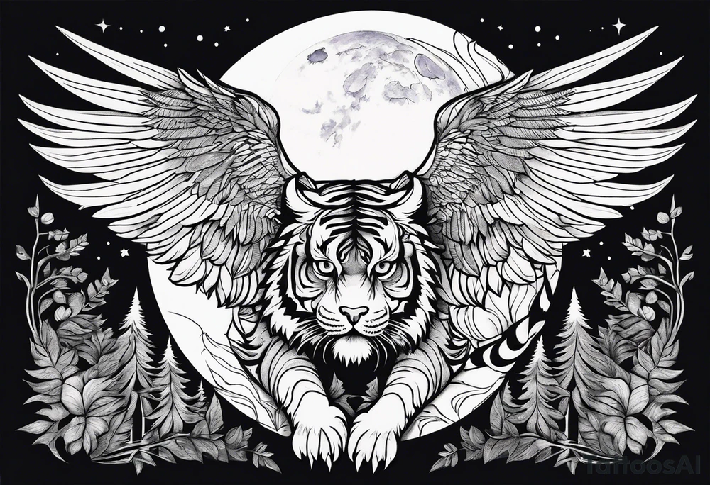 Tiger with wings hunting flying owl full moon forest tattoo idea